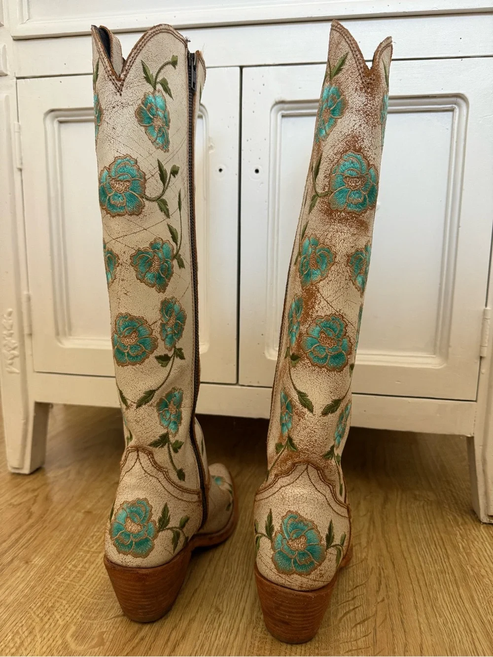 LIBERTY Black Cream Western Knee-High Boots with Turquoise Floral Embroidery